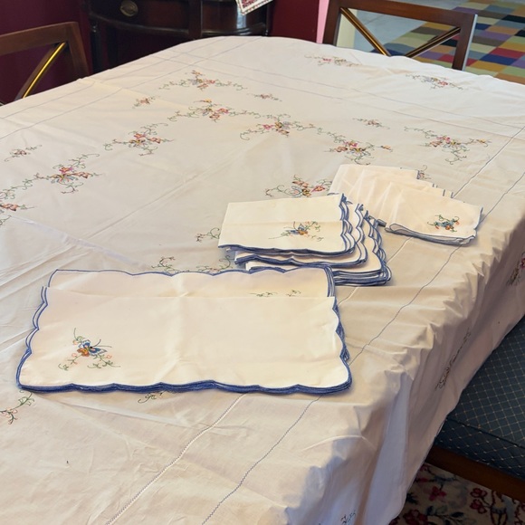 Other - Embroidered Tablecloth and Napkin Set with Blue Trim